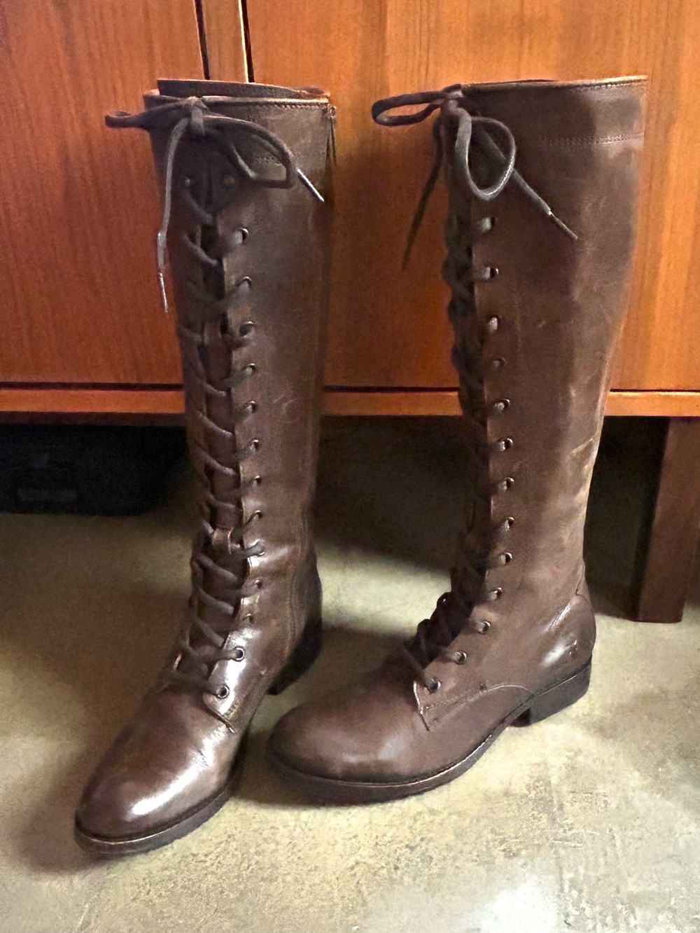 Frye Melissa Tall Lace-Up Brown Leather Boots, 7.5